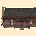 Log Cabin Exterior With Log Structure Black Shingle Roof Red Doors And Windows Stone Chimneys