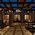 Retro Restaurant Interior Featuring Brick Walls Wooden Decor Colorful Flags And Patterned Floor Tiles