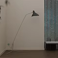 Modern Black Floor Lamp With Metal Stand In Interior With Wooden Floor And Striped Screen