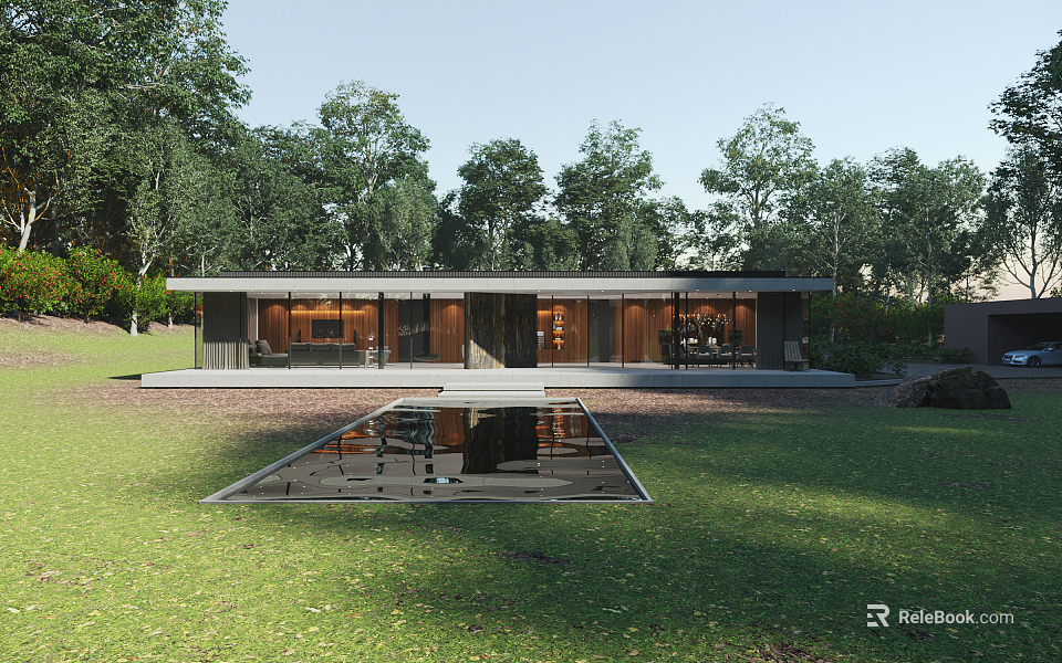 Modern Detached Villa With Large Glass Windows Front Reflecting Pool And Green Trees 3d model 