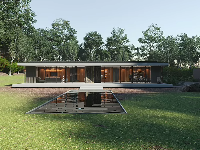 Modern Detached Villa With Large Glass Windows Front Reflecting Pool And Green Trees 3d model