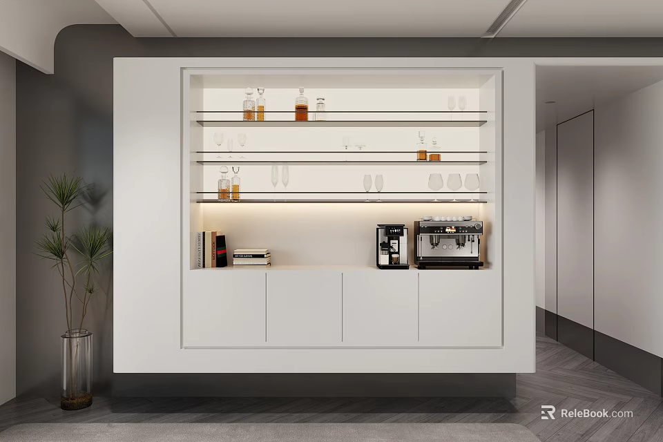 Modern Wine Rack Interior With Glass Shelves LED Lighting Cabinets And Coffee Machine 3d model 