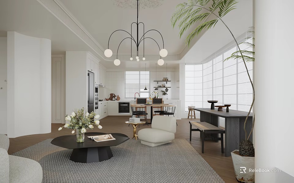Modern Living And Dining Room Interior With Open Concept Chandelier Coffee Table And Potted Plant 3d model 