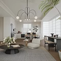 Modern Living And Dining Room Interior With Open Concept Chandelier Coffee Table And Potted Plant