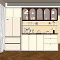 Modern Cream Sideboard With Upper Glass Arched Cabinets Countertop Appliances And Warm Lighting