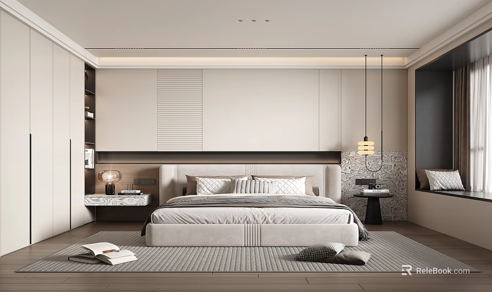 Minimalist Bedroom Interior With Light Paneled Headboard Nightstands And Area Rug 3d model 