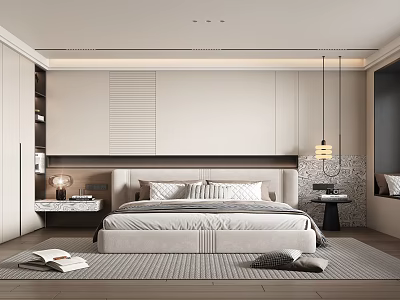 Minimalist Bedroom Interior With Light Paneled Headboard Nightstands And Area Rug 3d model