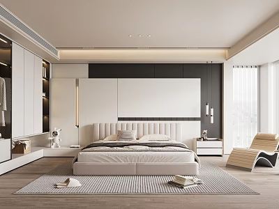 Modern Minimalist Bedroom Interior Design With Bed Wardrobe Rug Armchair And Curtains 3d model