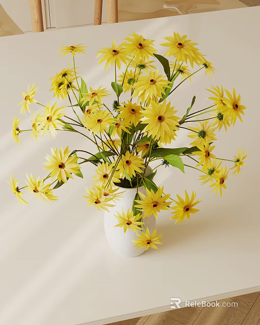 Yellow Flowers Arrangement In White Vase With Green Leaves On Light Background 3d model 