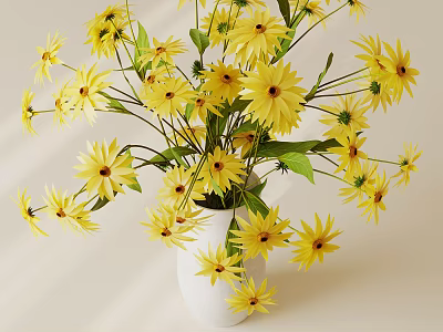 Yellow Flowers Arrangement In White Vase With Green Leaves On Light Background 3d model