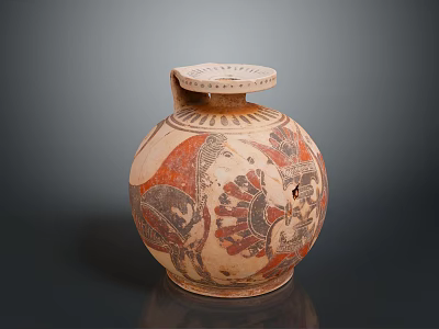 Traditional Clay Jar Sculpture With Painted Designs Rounded Shape And Lid 3d model