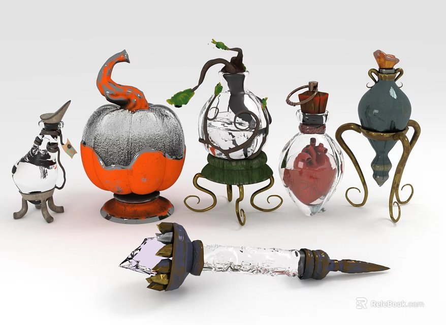 Decorative Ornament Set With Pumpkin Shaped Glass Containers Metal Stands And Leaf Decorations 3d model 