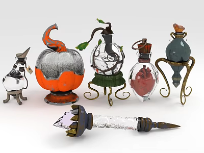 Decorative Ornament Set With Pumpkin Shaped Glass Containers Metal Stands And Leaf Decorations 3d model