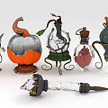Decorative Ornament Set With Pumpkin Shaped Glass Containers Metal Stands And Leaf Decorations