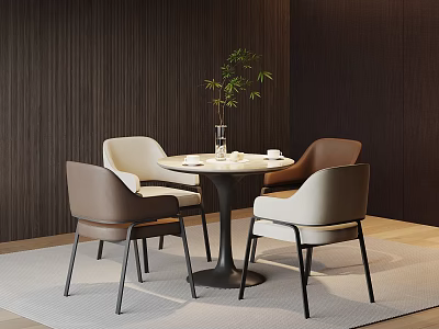 Modern Round Dining Table With Beige Brown Chairs And Potted Plant On Wooden Wall Background 3d model