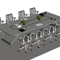 Modern Rectangular Conference Table With Ergonomic Office Chairs Green Plants Notebooks And Gray Carpet 3d model