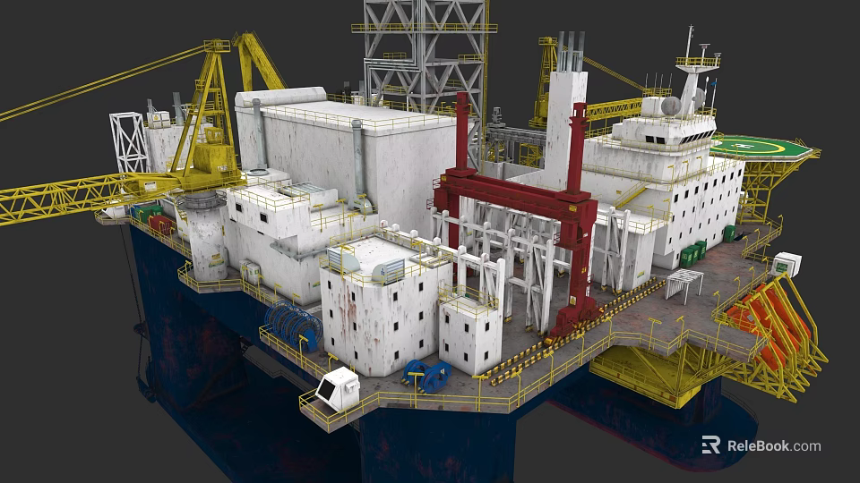 Industrial Plant Featuring Cranes Tall Structures White Buildings And Red Cranes On Platform 3d model 