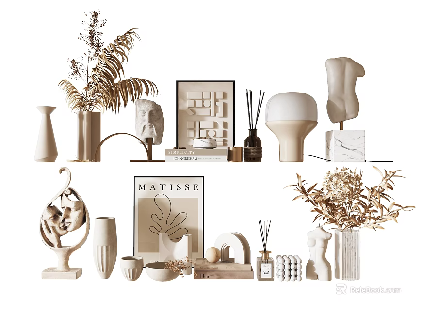 Decorative Ornament Collection Featuring Vases Sculptures Framed Art Dried Plants And Aromatic Diffusers 3d model 