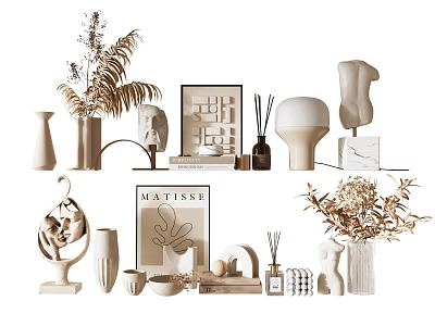 Decorative Ornament Collection Featuring Vases Sculptures Framed Art Dried Plants And Aromatic Diffusers 3d model