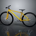 Yellow Mountain Bicycle with Black Tires Sturdy Frame and Glossy Reflection