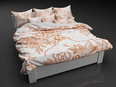 Cozy Double Bed with Orange and White Floral Pattern Pillows and Soft Bedspread 3d model