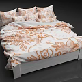 Cozy Double Bed with Orange and White Floral Pattern Pillows and Soft Bedspread 3d model