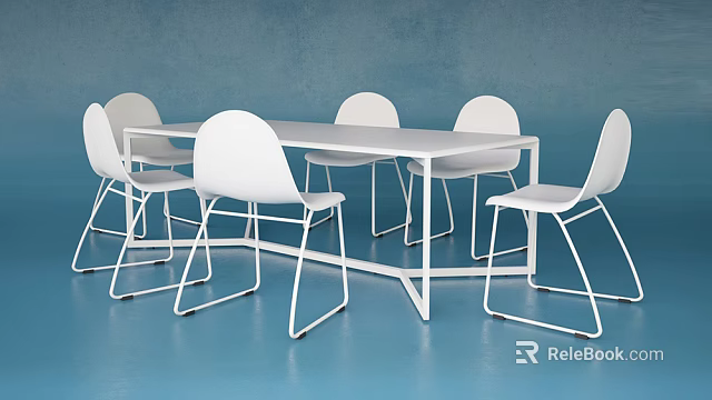 Modern White Dining Table Set With Six Chairs And Metal Legs 3d model