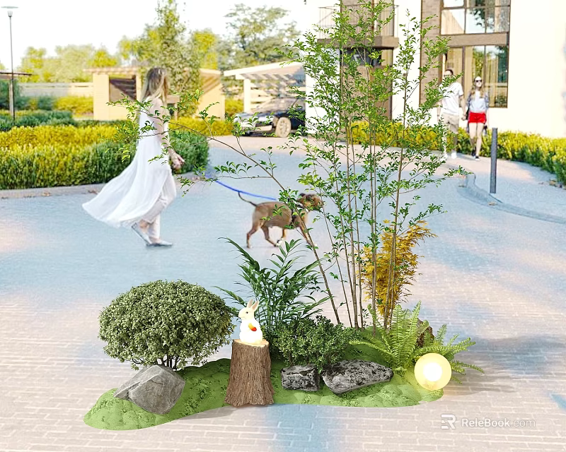 Diverse Garden Plants with Stones Tree Stump and Spherical Light in Outdoor Landscape 3d model 