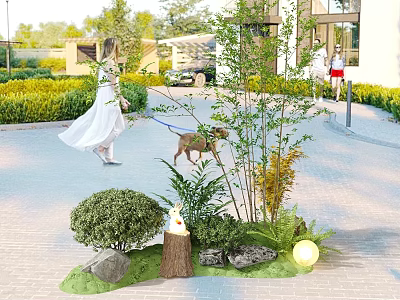Diverse Garden Plants with Stones Tree Stump and Spherical Light in Outdoor Landscape 3d model