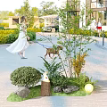 Diverse Garden Plants with Stones Tree Stump and Spherical Light in Outdoor Landscape