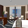 Modern Hotel Room Interior With Twin Beds Wavy Texture Headboard Table Lamps And Accent Chair