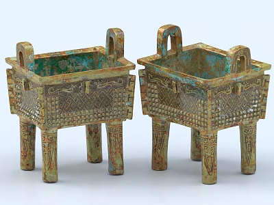 Ancient Chinese Bronze Square Ding Vessels With Intricate Patterns And Green Patina 3d model