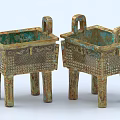 Ancient Chinese Bronze Square Ding Vessels With Intricate Patterns And Green Patina