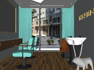 Modern Beauty Salon Interior With Turquoise Chairs Large Mirror And Wooden Floor 3d model