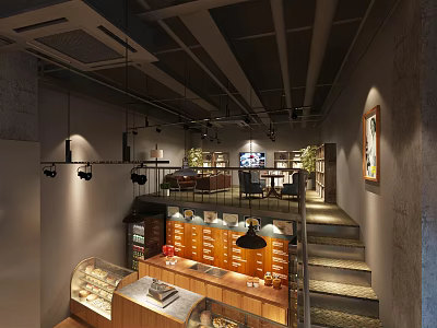 Industrial Style Cafe Interior with Wooden Counter Display Case Hanging Lights and Staircase Seating Area 3d model