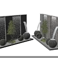 Stone Feature Wall With Waterfall Decorative Urns And Small Trees In Garden 3d model