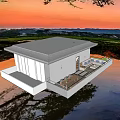 Modern Villa Balcony With Outdoor Sofa Coffee Table Fire Pit And Sunset View