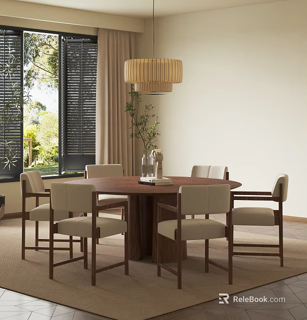 Round Wooden Dining Table With Beige Chairs Pendant Light And Green Plants Outside Window 3d model 