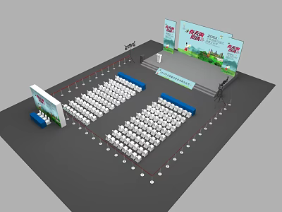 Event Venue Setup With Stage Audience Seats And Large Advertising Billboards 3d model