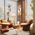 Rattan Chairs And Round Wooden Table With Green Plants Window Blinds In Cozy Natural Interior