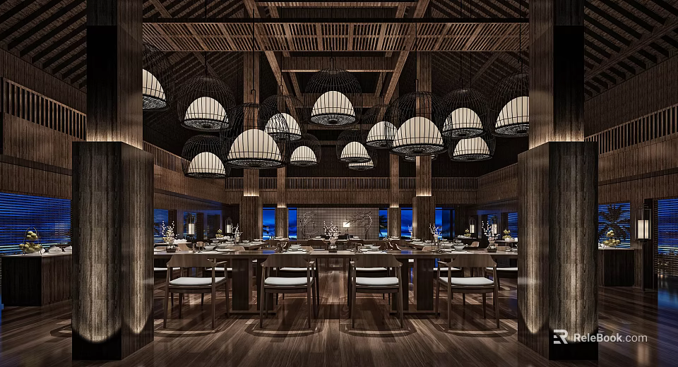 Traditional Restaurant Interior With Wooden Ceiling Lantern Lights And Dining Chairs 3d model 