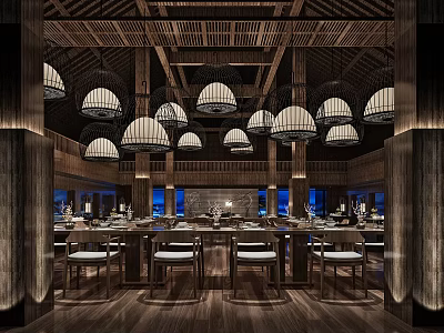 Traditional Restaurant Interior With Wooden Ceiling Lantern Lights And Dining Chairs 3d model