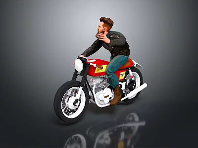 Vintage Red Motorcycle With Rider In Leather Jacket And Jeans 3d model
