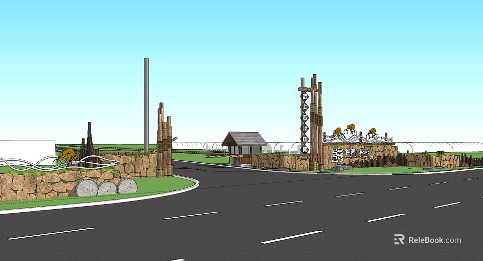Traditional Entrance Gate With Stone Pillars Surrounding Fence And Curved Road Landscape Design 3d model 