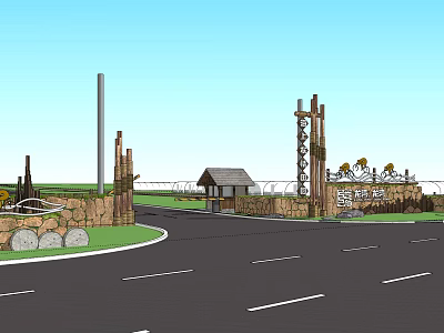 Traditional Entrance Gate With Stone Pillars Surrounding Fence And Curved Road Landscape Design 3d model