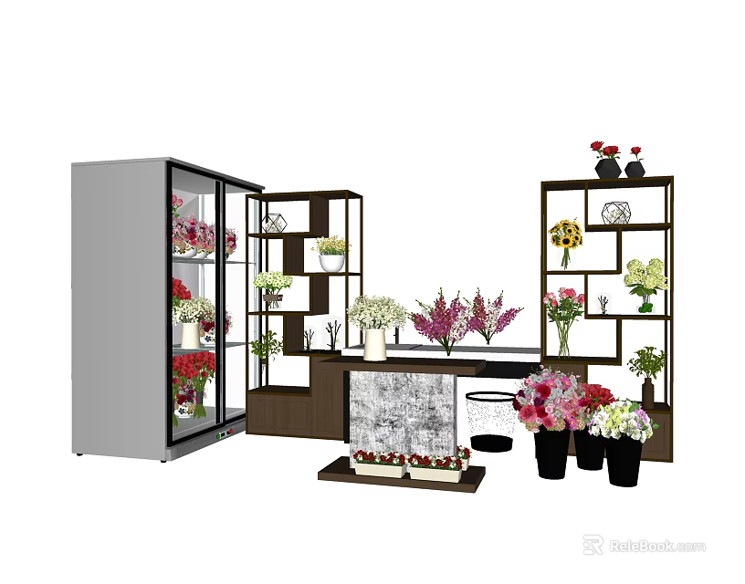 Vase And Colorful Flowers Display On Multiple Shelves With Various Blooms 3d model 