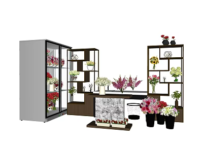 Vase And Colorful Flowers Display On Multiple Shelves With Various Blooms 3d model
