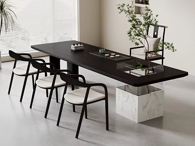 Modern Study Room With Black Table White Chairs Marble Base Green Plant And Window Blinds 3d model