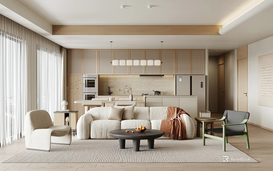 Modern Open Concept Living Dining Room With Sofa Coffee Table And Wooden Cabinets 3d model 