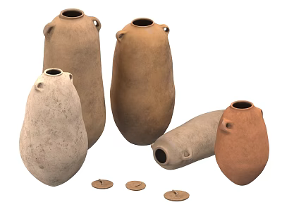 Terracotta And Beige Ceramic Vessels With Various Shapes And Small Circular Lids 3d model